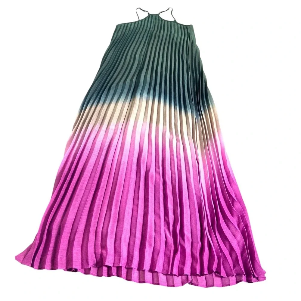 Bar III Women Black Pink Ombre Razor Back Pleated Maxi Sheer Lined Dress Size S